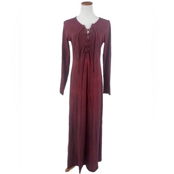 Free People Burgundy Lace Up Long Sleeve Jersey Maxi Dress - Picture 5 of 16